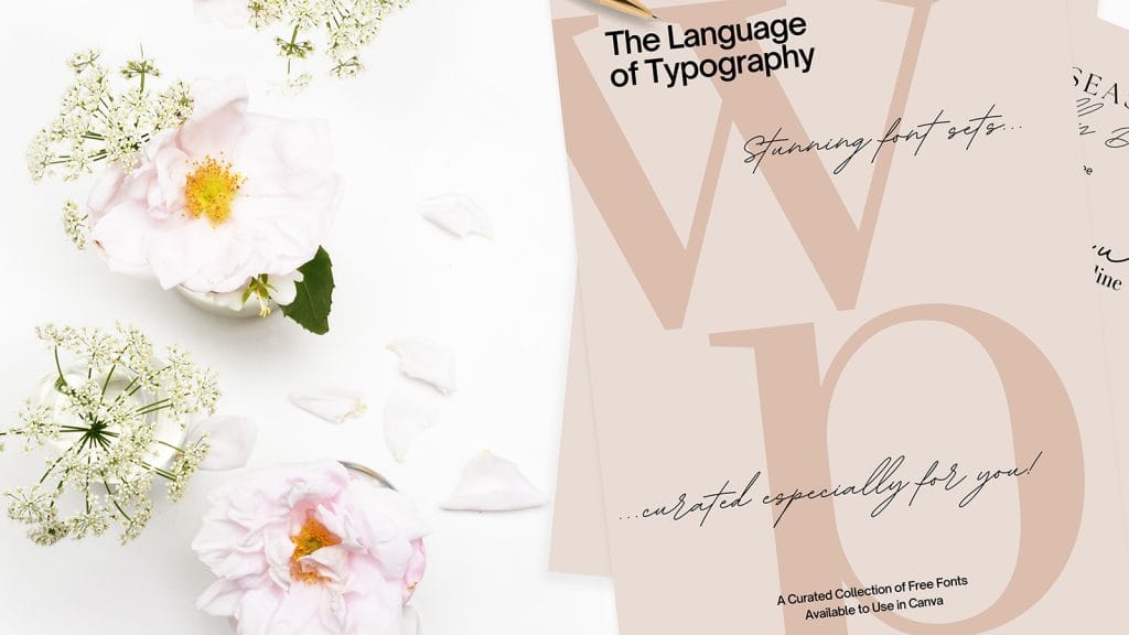 The image shows pages from the downloadable font collection pdf. The image shows the different fonts used, in this example, a bold display font was for the heading, a sans serif font for the subheading and a serif font for the body text.