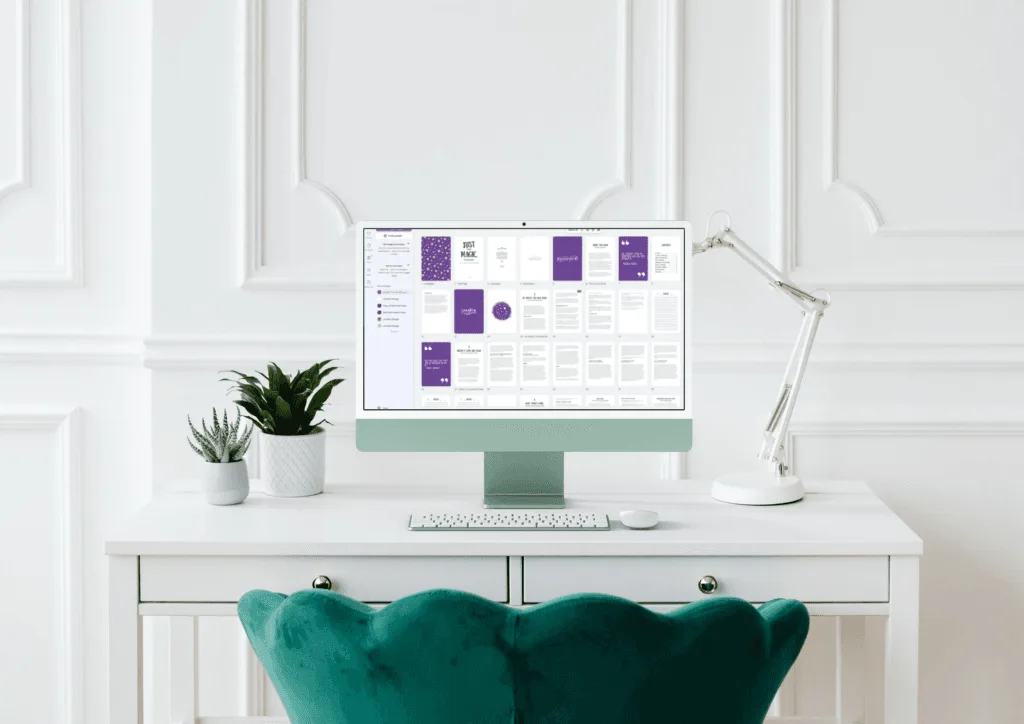 An image of a desk and iMac displaying a Canva workspace and features the Just the Magic, Please" manuscript, which was created using the Wilsonian Press Non-Fiction 6"x9" book template. Self-publishing.