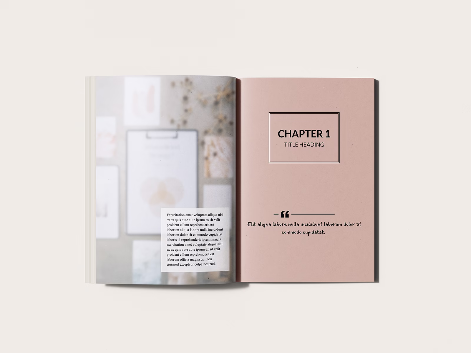 Image of an open book featuring the 'How To" Guide Book Template from Wilsonian Press. The open pages feature a full page image with inset text and chapter opening.
