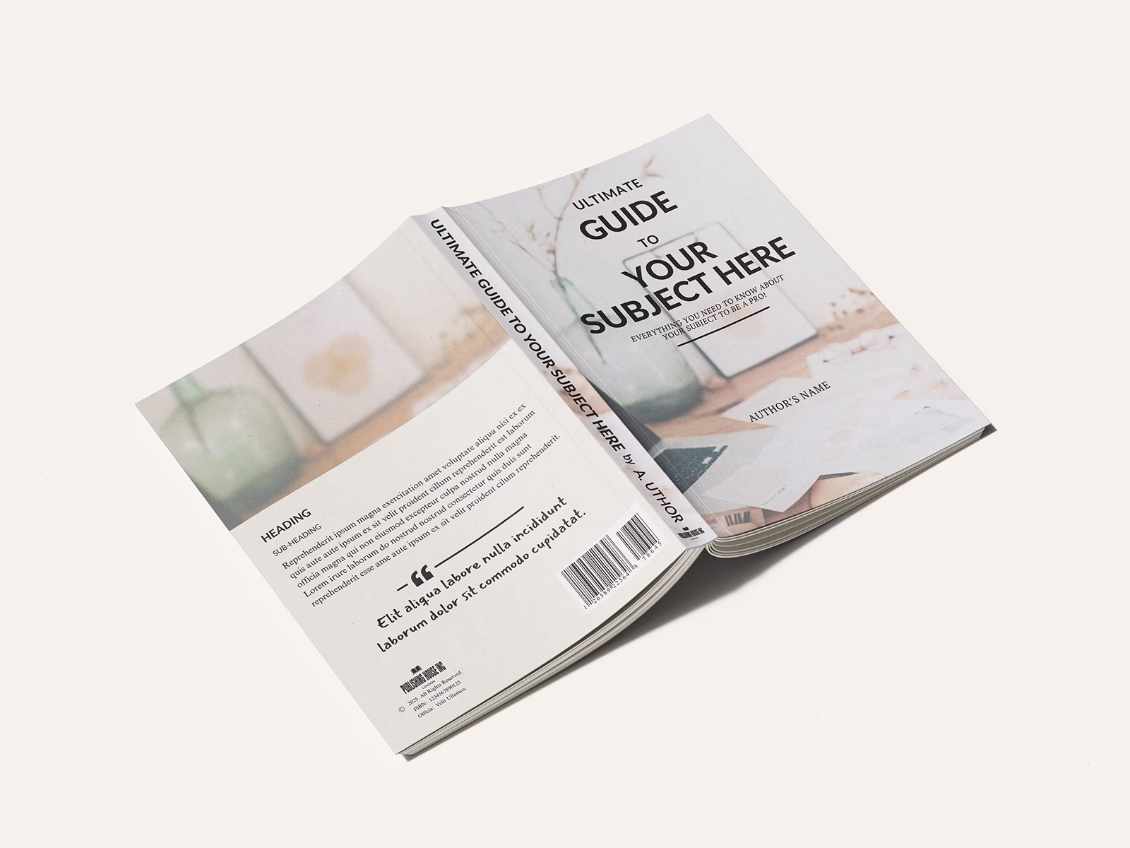 Image of an open book (face down) featuring the "How To" Guide Book Template from Wilsonian Press. The front and back pages feature the Table of Contents pages. Templates.