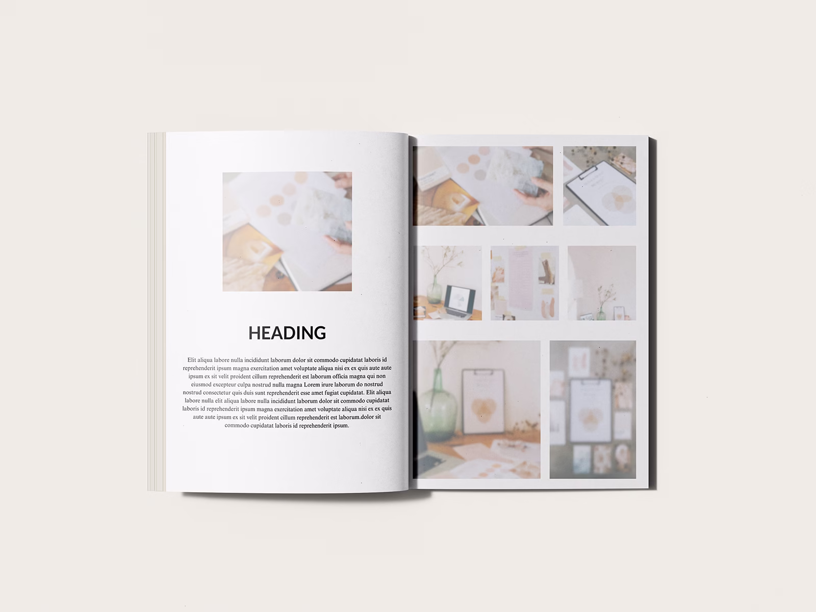 Image of an open book featuring the 'How To" Guide Book Template from Wilsonian Press. The open pages feature a chapter heading with image and full page image gallery. Templates.