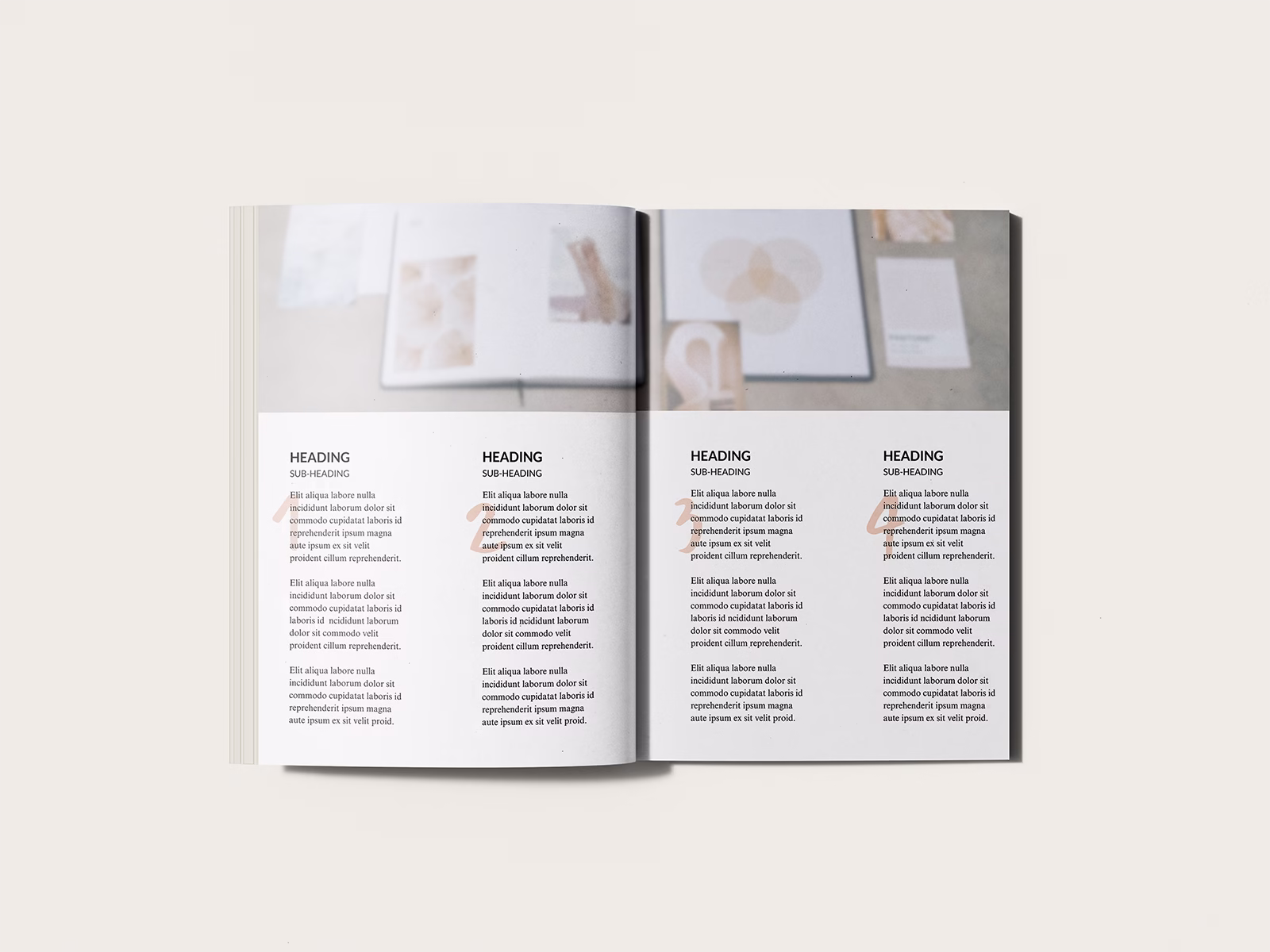 Image of an open book featuring the 'How To" Guide Book Template from Wilsonian Press. The open pages feature a double page image spread with numbered column text. Templates.