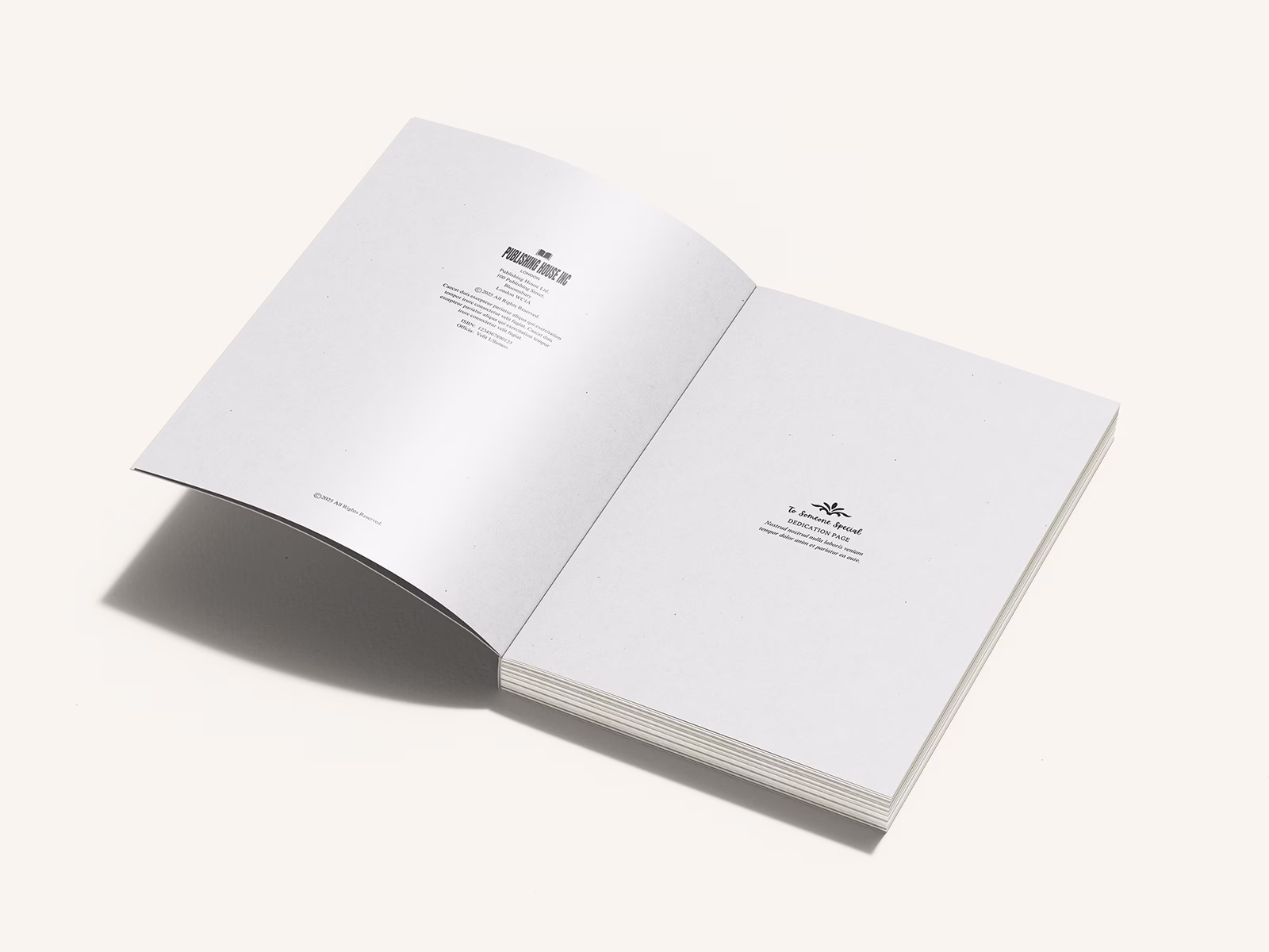 Image of an open book featuring the 'How To" Guide Book Template from Wilsonian Press. The open pages feature a copyright page and dedication page. Templates.