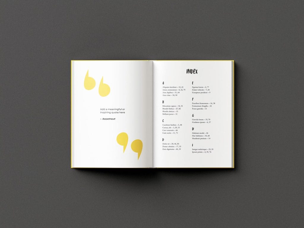 Image of Index Page for the Modern Style Book Template from Wilsonian Press.