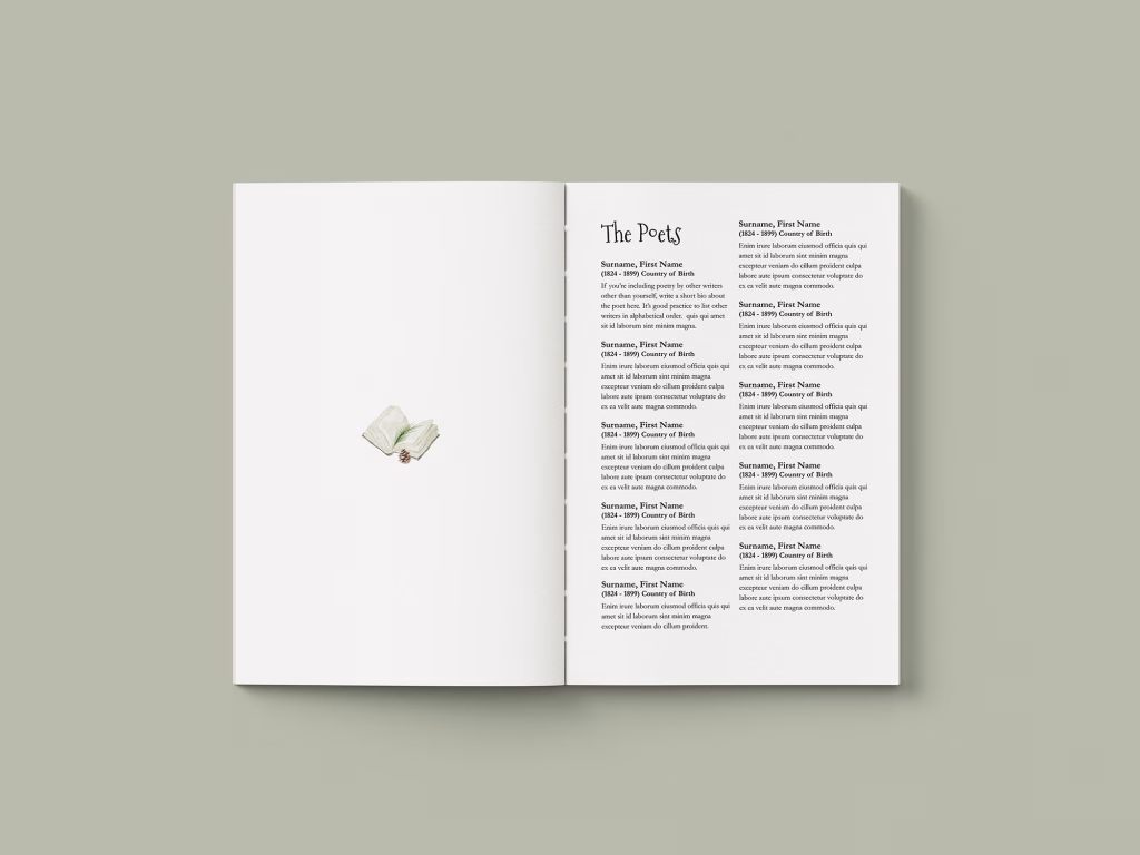 An image showing a Frontispiece image and on the facing (verso) page, is an example of Authors' Bio Page. Illustrated Book of Poetry Book Layout Template from Wilsonian Press.