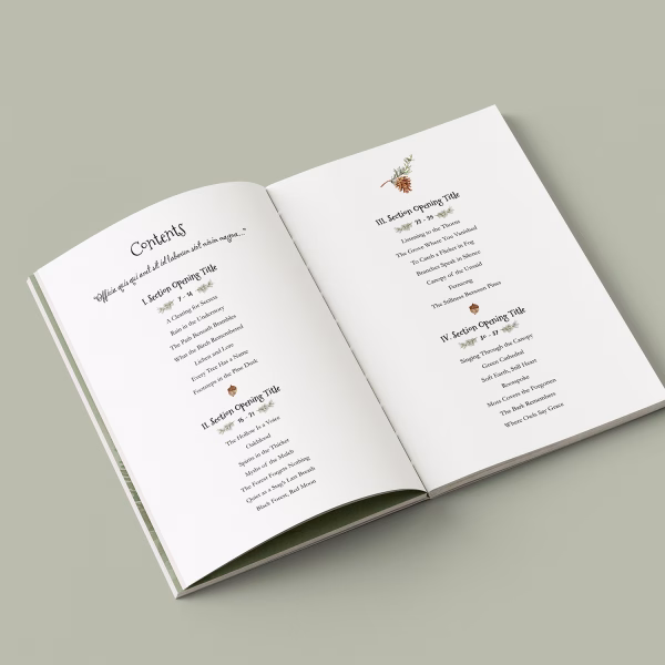 An image showing a double page spread Table of Contents. Illustrated Book of Poetry Book Layout Template from Wilsonian Press.