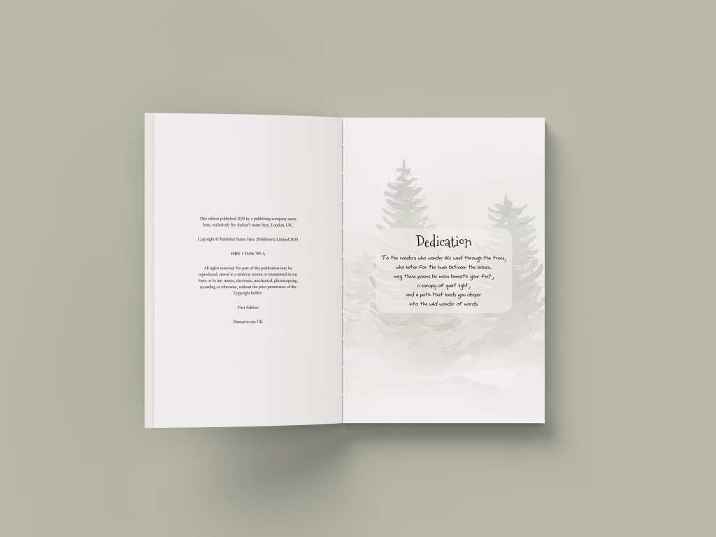 An image showing the copyright information and on the facing (verso) page, there is a dedication. Illustrated Book of Poetry Book Layout Template from Wilsonian Press.