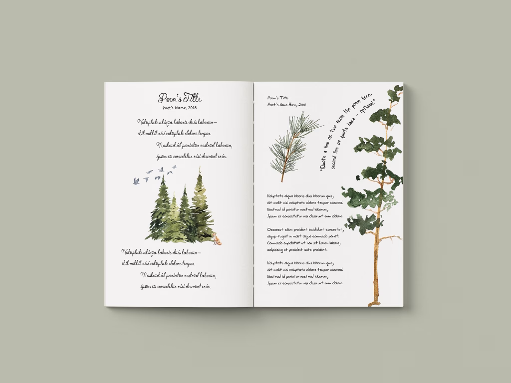 An image showing sample poem page layouts. Illustrated Book of Poetry Book Layout Template from Wilsonian Press.