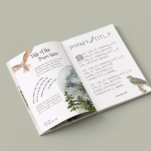 An image showing  sample poem page layouts. Illustrated Book of Poetry Book Layout Template from Wilsonian Press.