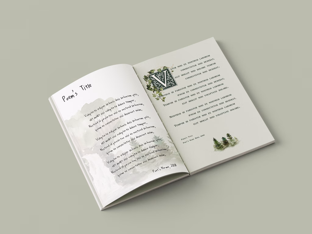 An image showing  sample poem page layouts. Illustrated Book of Poetry Book Layout Template from Wilsonian Press.