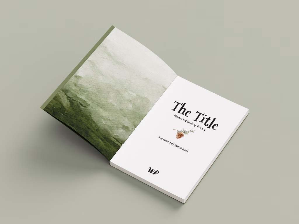 An image showing the Endpaper and the facing page (verso) is the Title or Half Title page. Illustrated Book of Poetry Book Layout Template from Wilsonian Press.