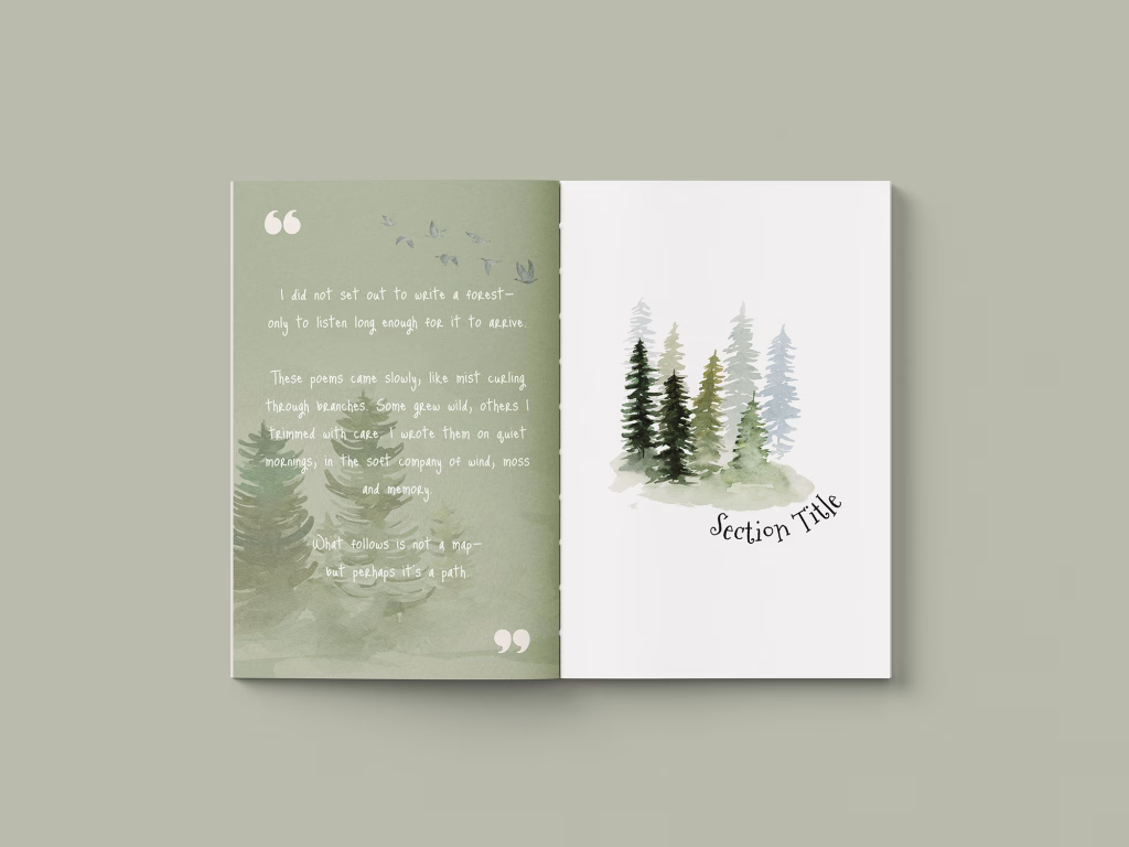 An image showing a quote example and the facing page (verso) there is a Section Opening. Illustrated Book of Poetry Book Layout Template from Wilsonian Press.