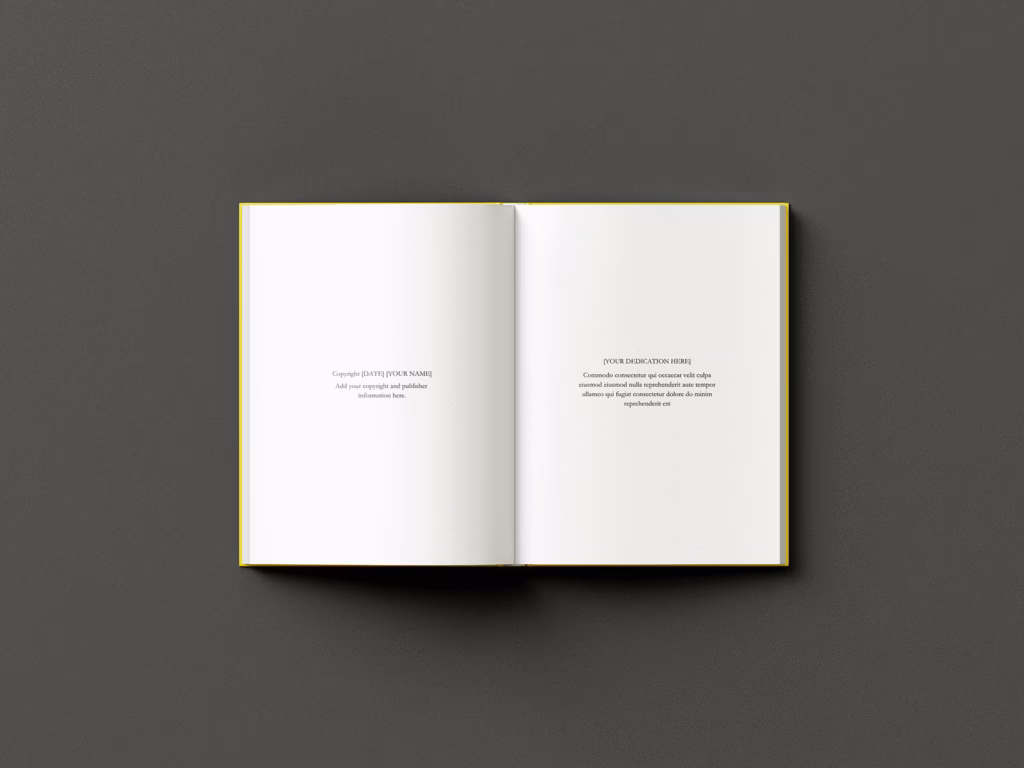An image showing the Copyright and Publisher Page and on the facing page (verso) there is the Dedication Page for the Modern Style book template by Wilsonian Press.