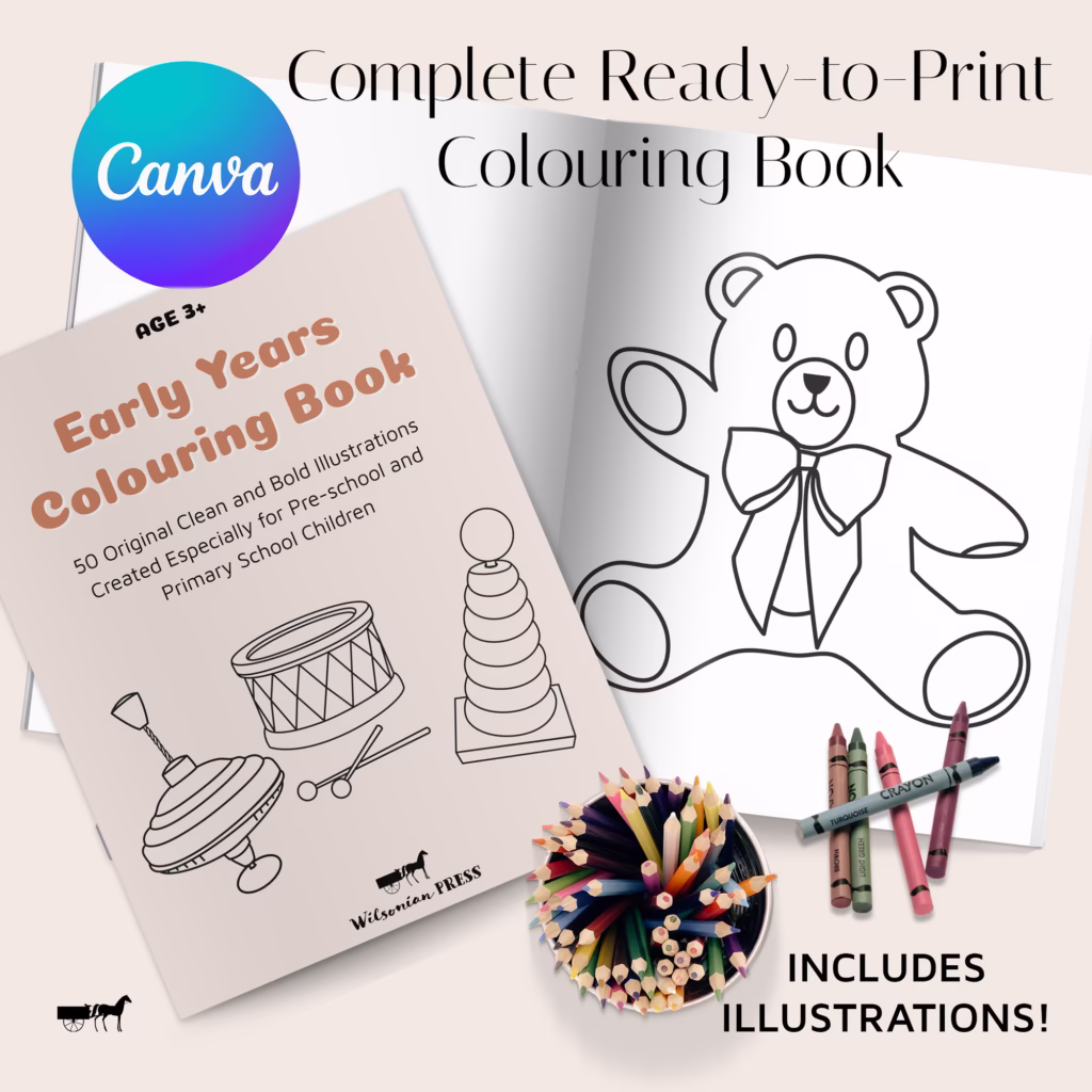 Image of a colouring book template, editable in Canva. The image shows the front cover (example cover), an interior page featuring a teddy bear, crayons and colouring pencils.