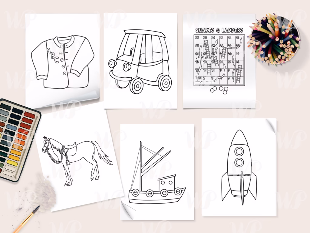 An image showing a further selection of illustrations included with the colouring book by Wislonian Press.