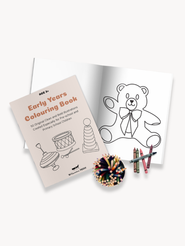 Image of a colouring book template, editable in Canva. The image shows the front cover (example cover), an interior page featuring a teddy bear, crayons and colouring pencils.
