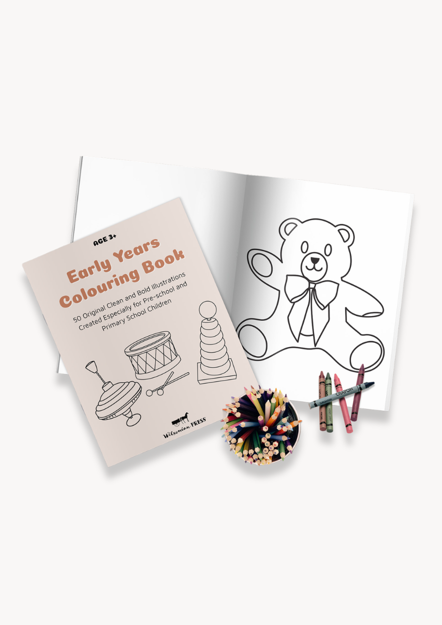 Image of a colouring book template, editable in Canva. The image shows the front cover (example cover), an interior page featuring a teddy bear, crayons and colouring pencils.