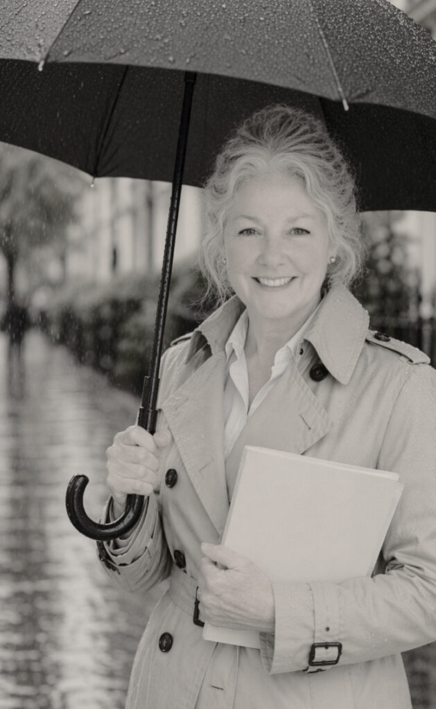 A black and white image of Wilsonian Press owner, Debbie in a raining London, under a black umbrella. Debbie is holding a manuscript.