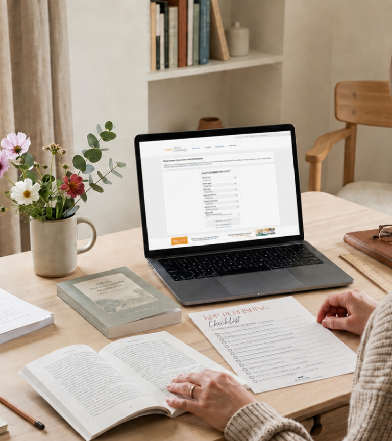 Wilsonian Press KDP checklist for beginners beside an author reviewing a proof copy and the KDP cover calculator on a laptop.