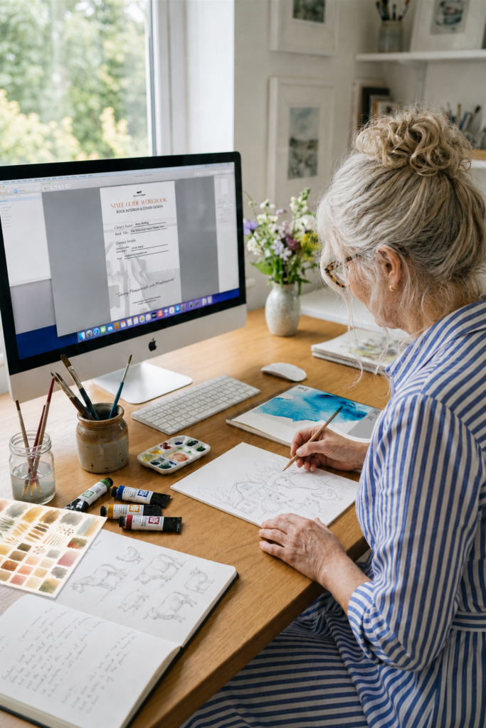 Book cover designer sketching concepts beside a completed style guide workbook displayed on an iMac.