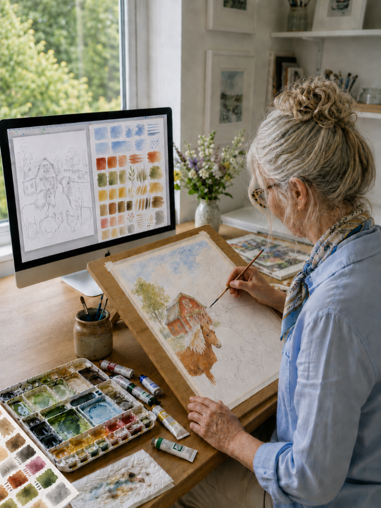 Artist painting a watercolour farm scene for a children’s book cover in her studio.