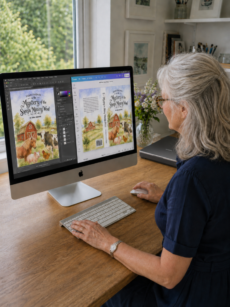 Book cover designer editing a watercolour children’s book cover in Photoshop and Canva on an iMac.
