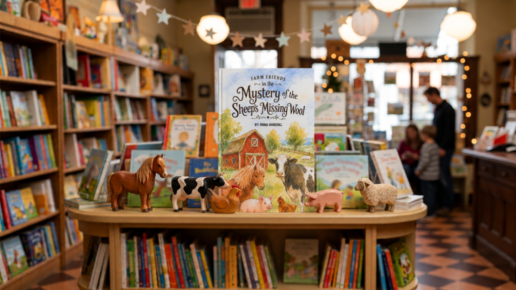 The Mystery of the Sheep’s Missing Wool children’s book displayed with farm animal figures in a bookshop.