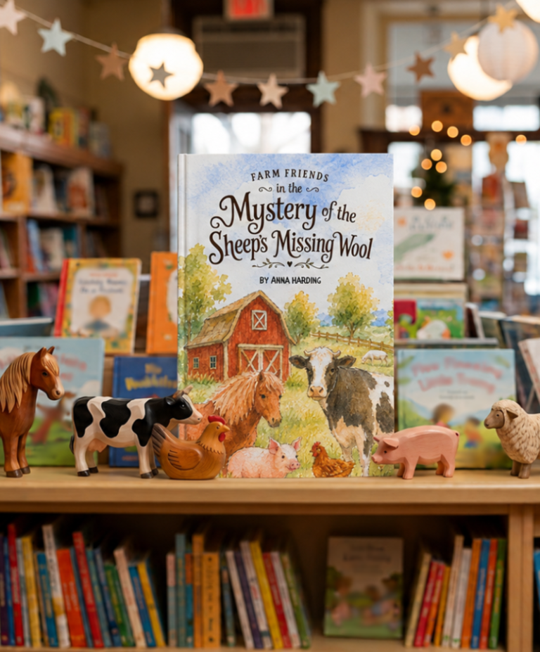 The Mystery of the Sheep’s Missing Wool children’s book displayed with farm animal figures in a bookshop.